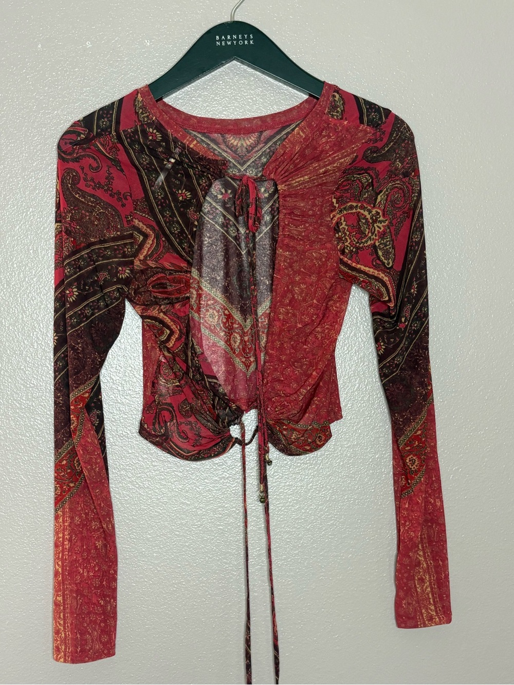 Sheer Paisley Tie-Front Long Sleeve Top - Red